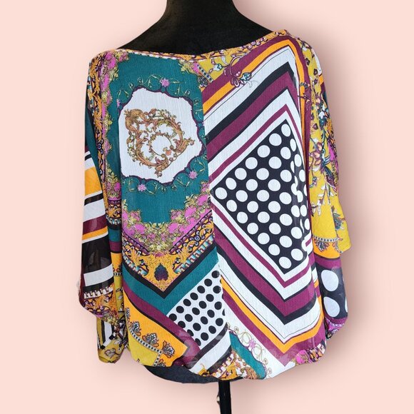 Agenda boho multi-patterned billowy blouse drawstring hem batwing sleeves size S - Picture 2 of 5